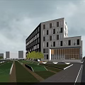 Modern Office Building with Large Glass Windows and Modern Facade Surrounded by Trees and Lawn