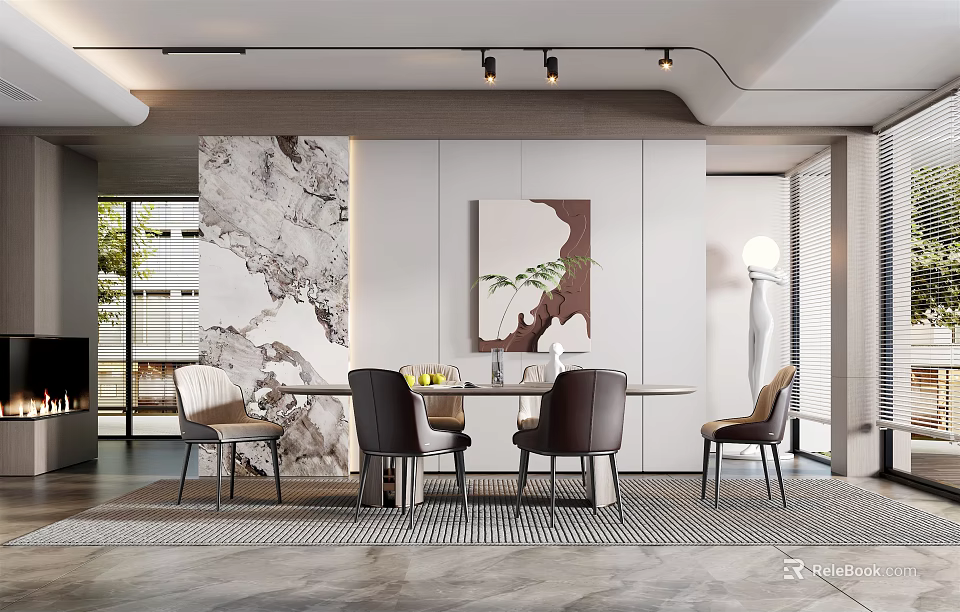 Modern Restaurant Interior With Dining Table Chairs Marble Wall And Lighting Decor 3d model