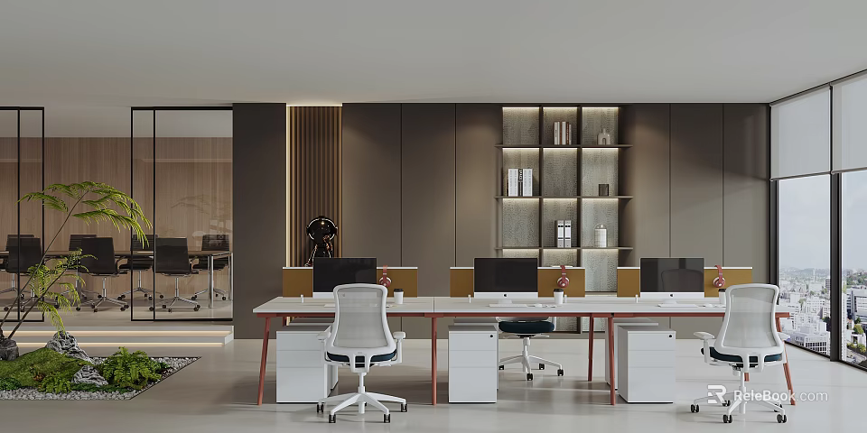 Modern Public Office Space with Long Office Desks White Ergonomic Chairs Computers Storage Cabinets and Bookshelves 3d model 