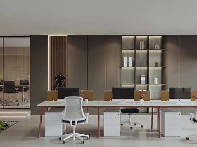 Modern Public Office Space with Long Office Desks White Ergonomic Chairs Computers Storage Cabinets and Bookshelves 3d model