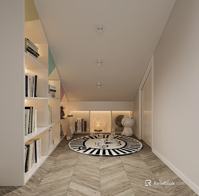 Cozy Reading Nook With Bookshelves Round Rug Teddy Bear And Lights 3d model 