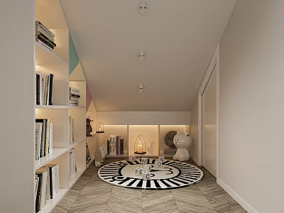 Cozy Reading Nook With Bookshelves Round Rug Teddy Bear And Lights 3d model