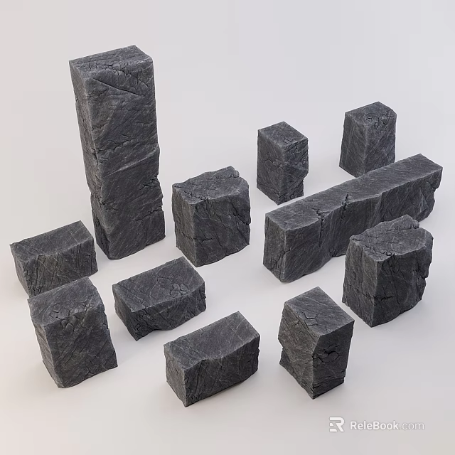 Gray Textured Stone Blocks In Various Shapes And Sizes 3d model