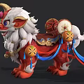 Cartoon Style Chinese Mythical Beast With White Red Mane Decorative Bells And Scroll