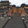 Traditional Chinese Commercial Street with Classic Architecture Lanterns and Vendor Stalls