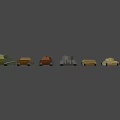Various Military Vehicle Models in Different Colors Lined Up on Gray Background