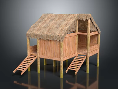 Natural Traditional Wooden Thatched House With Ladders Built On Stilts 3d model