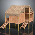 Natural Traditional Wooden Thatched House With Ladders Built On Stilts
