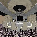 Elegant Private Dining Room With Round Table White Chairs Chandelier And Patterned Carpet 3d model