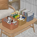 Colorful Storage Bins with Stuffed Toys Snacks and Books on Wooden Table in Living Room