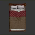 Classic Wooden Bed With Carved Headboard Column Design Brown Quilt Red Blanket And White Pillows