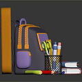 Essential School Supplies On Desk With Green Chalkboard Purple Backpack Pencils Highlighters Books And Stationery