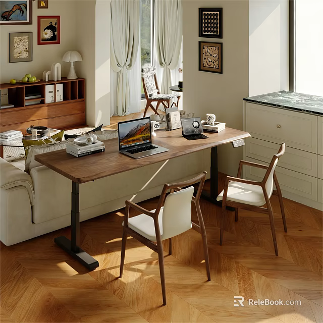 Stylish Home Office Desk With Laptop Coffee Cup Table Lamp Chairs And Bookshelf 3d model 