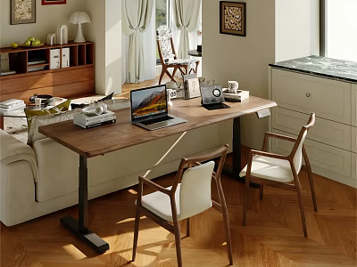 Stylish Home Office Desk With Laptop Coffee Cup Table Lamp Chairs And Bookshelf 3d model