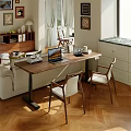 Stylish Home Office Desk With Laptop Coffee Cup Table Lamp Chairs And Bookshelf