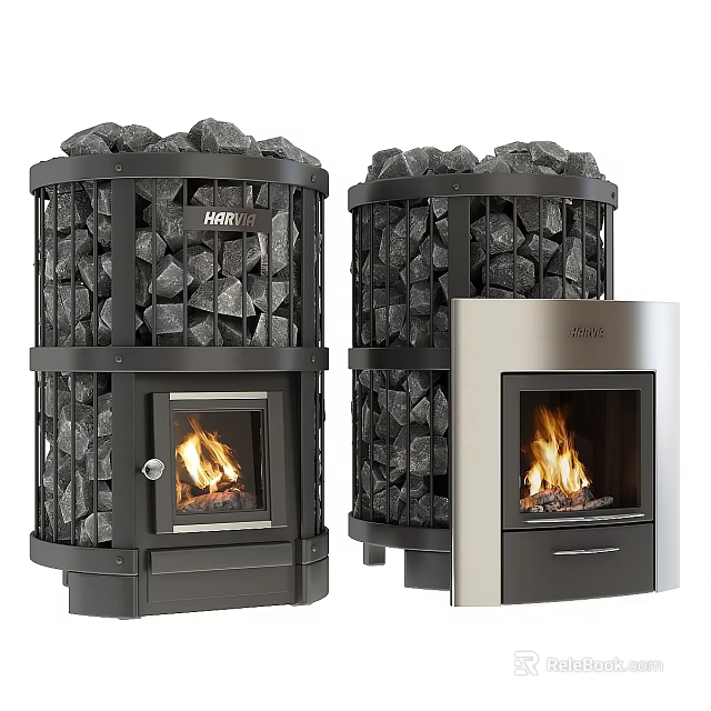 Modern Stone Clad Fireplace Design With Metal Frame And Burning Flames 3d model