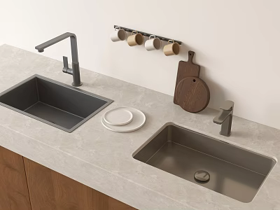 Two Different Materials Kitchen Sinks With Faucet Mugs Plate And Wooden Cutting Board On Countertop 3d model