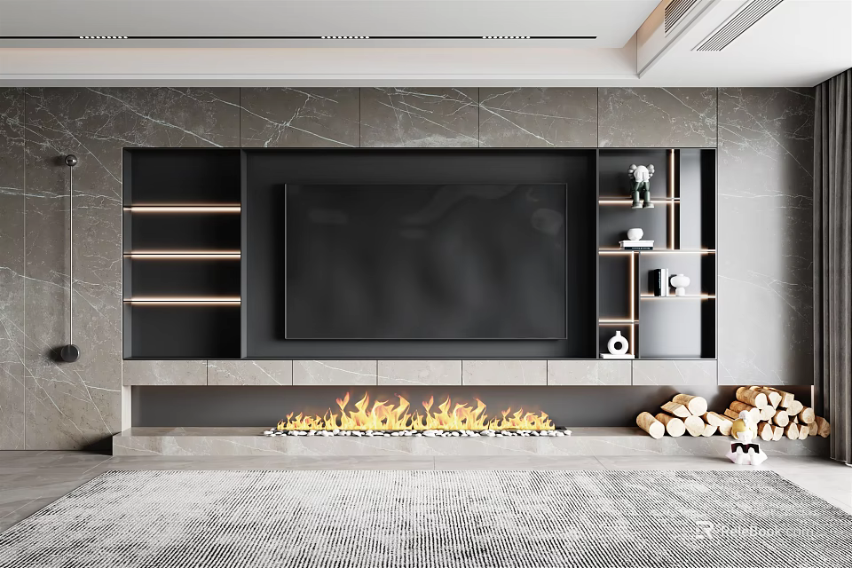 Modern TV Wall Design With Marble Backdrop Built in TV Wooden Shelves And Fireplace Flames 3d model 