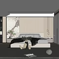 Modern Bedroom Interior With Textured Wall White Bed Gray Blanket Striped Rug And Recessed Lighting