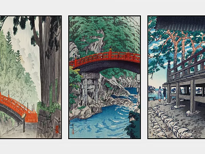 Ukiyo-e Style Landscape Art With Red Bridge River Rocks Trees And Traditional Structures 3d model