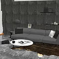 Modern Gray Three-Seater Sofa With Arched Floor Lamp Round Coffee Table Stone Wall And Shelves