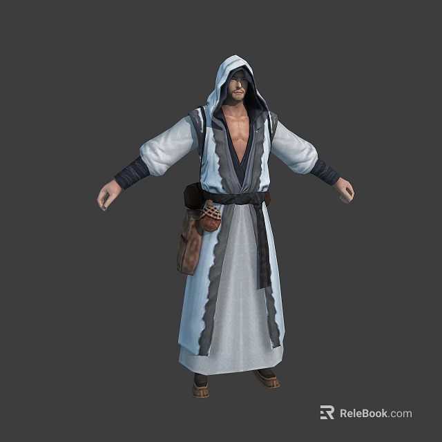 Hooded Fantasy Character In White Gray Robe With Black Belt And Leather Pouch 3d model 