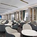 Modern Sales Office Interior With Reception Desk Mountain Landscape Painting Marble Floor And Chandeliers