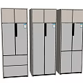 Three Silver Refrigerators Freezers With Modern Design Side By Side Multiple Doors And Drawers