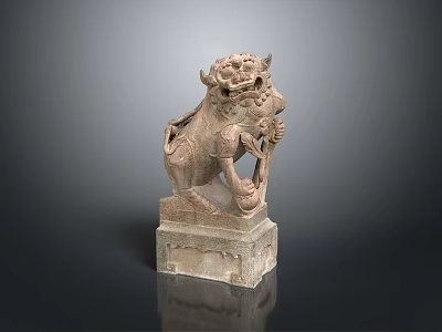 Traditional Stone Lion Statue With Intricate Carved Details And Square Base 3d model