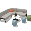 L Shaped Light Gray Sofa Orange Cushion Round White Coffee Table Blue Yellow Stools Set 3d model