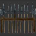 Traditional Weapons Display With Multiple Spears And Axes On Wooden Rack