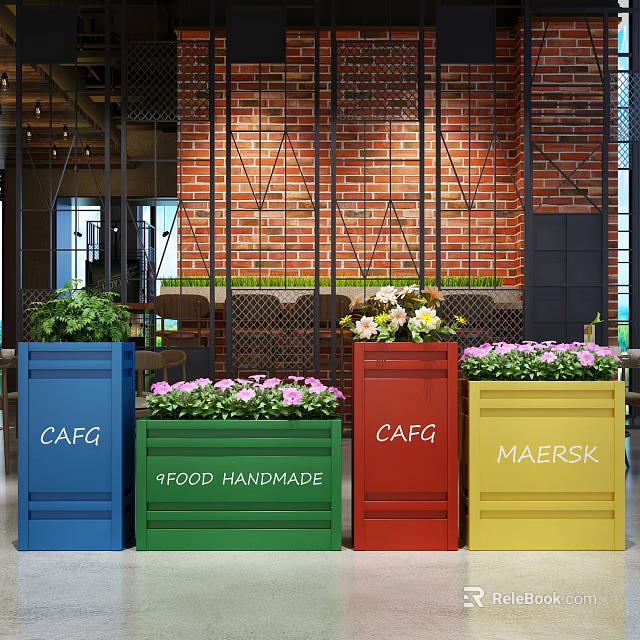 Colorful Garden Decor Planters With Green Plants And Flowers In Indoor Café 3d model 