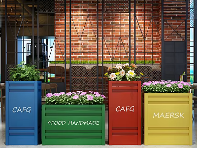 Colorful Garden Decor Planters With Green Plants And Flowers In Indoor Café 3d model