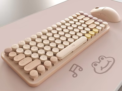 Vintage Computer Keyboard And Mouse With Round Keys Music Note And Frog Stickers 3d model