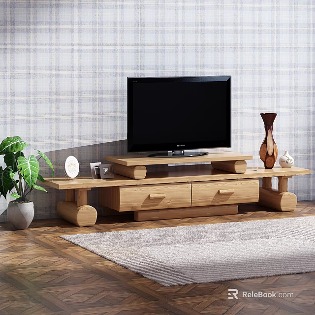 Wooden TV Stand Featuring TV on Top Potted Plant Vase and Plaid Wall 3d model 