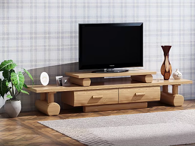 Wooden TV Stand Featuring TV on Top Potted Plant Vase and Plaid Wall 3d model