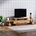 Wooden TV Stand Featuring TV on Top Potted Plant Vase and Plaid Wall