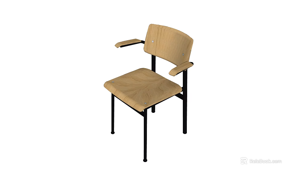 Simple Design Leisure Chair with Wooden Seat Backrest and Black Metal Frame Armrests 3d model 
