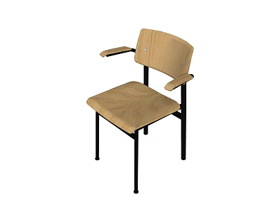 Simple Design Leisure Chair with Wooden Seat Backrest and Black Metal Frame Armrests 3d model