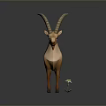 3D Rendered Antelope With Long Curved Horns Standing On Green Grass Near Small White Flower