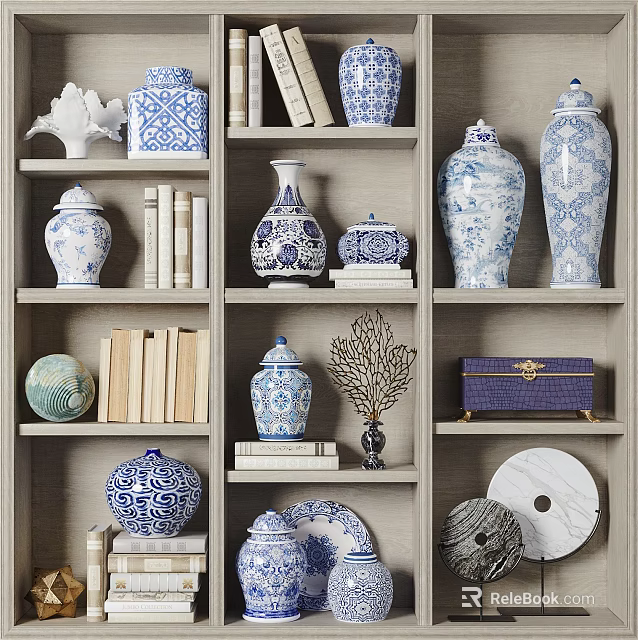 Blue And White Porcelain Decorative Ornament Set With Books And Shelf 3d model 
