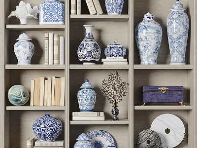 Blue And White Porcelain Decorative Ornament Set With Books And Shelf 3d model