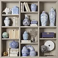 Blue And White Porcelain Decorative Ornament Set With Books And Shelf