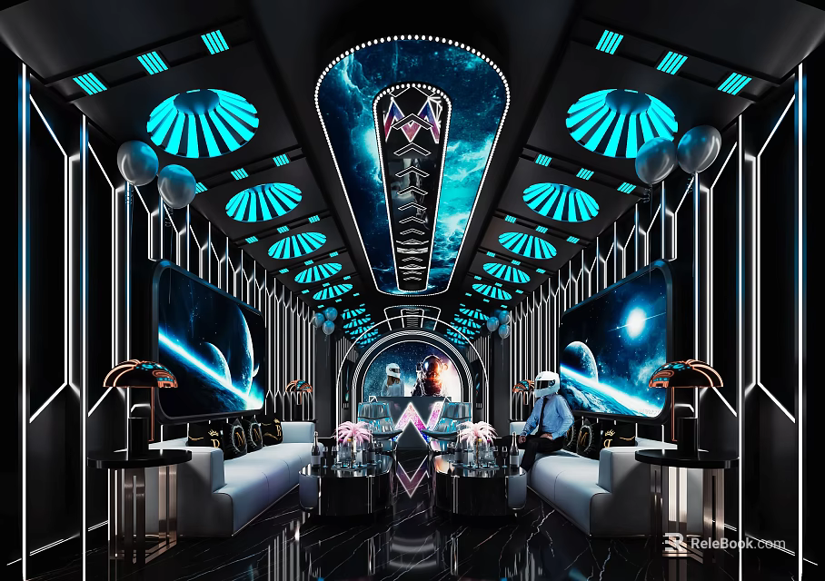 Futuristic KTV Interior Featuring Blue Lighting Fan-shaped Ceiling Lights Starry Screens And Sofas 3d model 