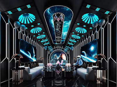 Futuristic KTV Interior Featuring Blue Lighting Fan-shaped Ceiling Lights Starry Screens And Sofas 3d model