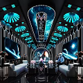 Futuristic KTV Interior Featuring Blue Lighting Fan-shaped Ceiling Lights Starry Screens And Sofas