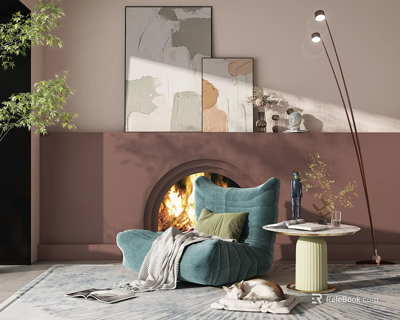 Cozy Single Sofa With Green Cushion Gray Blanket By Fireplace Flame And Floor Lamp 3d model 