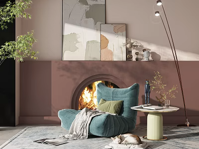 Cozy Single Sofa With Green Cushion Gray Blanket By Fireplace Flame And Floor Lamp 3d model