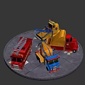 Vibrant Colored Functional Vehicles Including Blue Red Orange Dump And Concrete Mixer Trucks