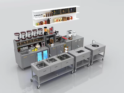 Industrial Kitchen Equipment With Stainless Steel Worktables Sinks Coffee Machines And Mobile Spice Racks 3d model